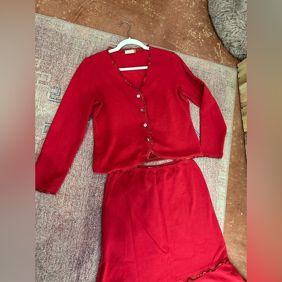 Chalet cotton and silk top and skirt set jersey midi skirt button up top red